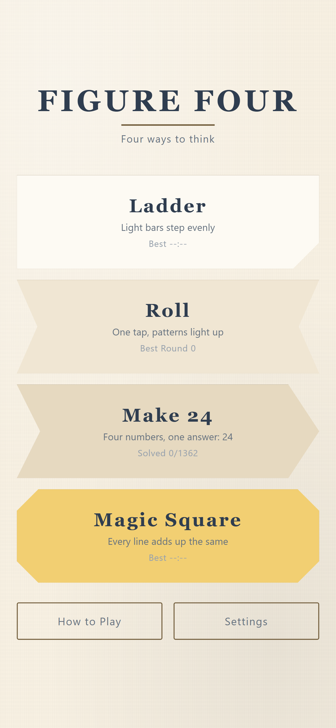 The hub: four cards, one per puzzle, each a different shape.