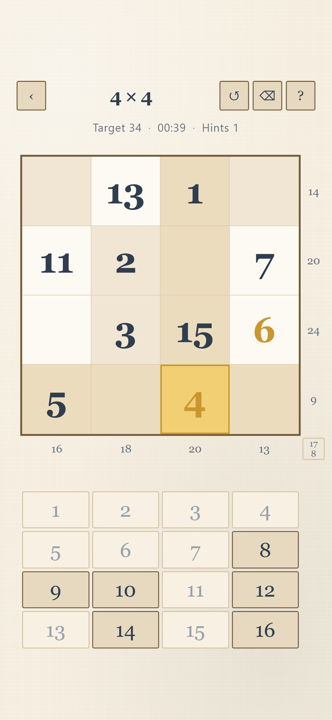 Magic Square: a four-by-four grid with target 34 and running sums along the edges.