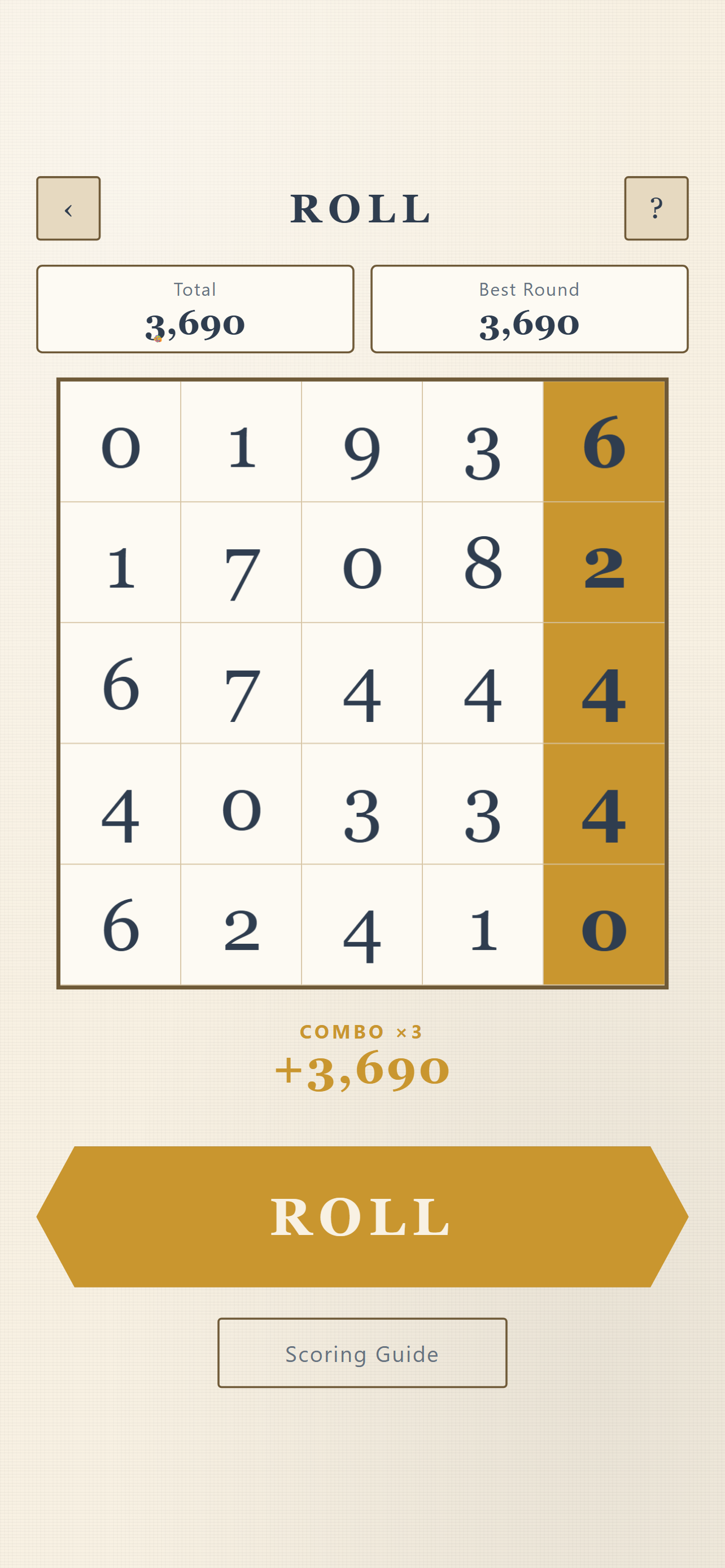 Roll: a five-by-five grid of digits with one run highlighted in gold.